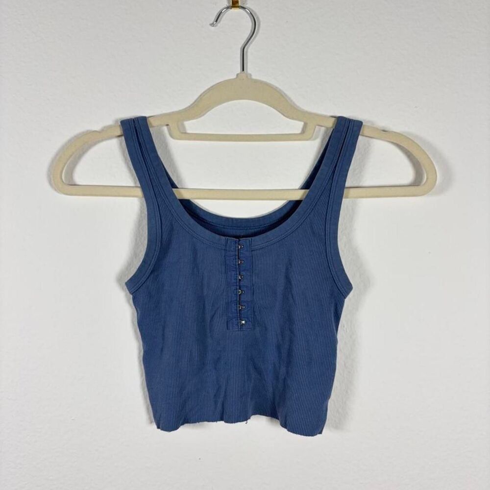 Aerie Blue Henley Tank Top Women's XS Cropped Fitted Casual Summer Sleeveless